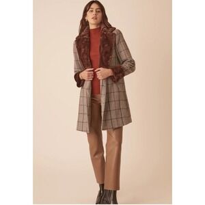 French Mauve Plaid Mid-Length Overcoat Faux Fur Collar Cuffs Button Women's S